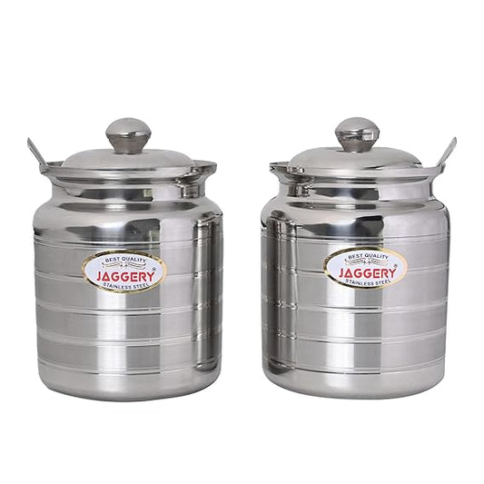 JAGGERY Stainless Steel Ghee Oil Pot Container Kitchen Storage, Dispenser Oil Container With Lid And Spoon (pack of 2pcs) Capacity-350ml and 600ml