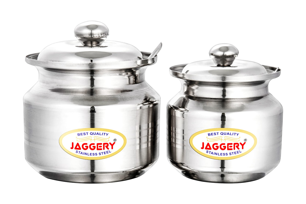 JAGGERY Stainless Steel Ghee Dani Oil Pot With Lid And Spoon, Capacity- 210ml, 350ml (Pack of 2)