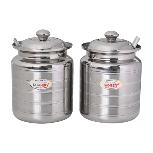 JAGGERY Stainless Steel Ghee Oil Pot Container Kitchen Storage, Dispenser Oil Container With Lid And Spoon (pack of 2pcs) Capacity-350ml