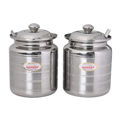 JAGGERY Stainless Steel Ghee Oil Pot Container Kitchen Storage, Dispenser Oil Container With Lid And Spoon (pack of 2pcs) Capacity-450ml