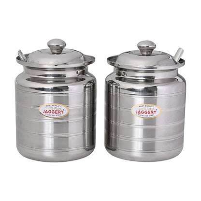 JAGGERY Stainless Steel Ghee Oil Pot Container Kitchen Storage, Dispenser Oil Container With Lid And Spoon (pack of 2pcs) Capacity-450ml