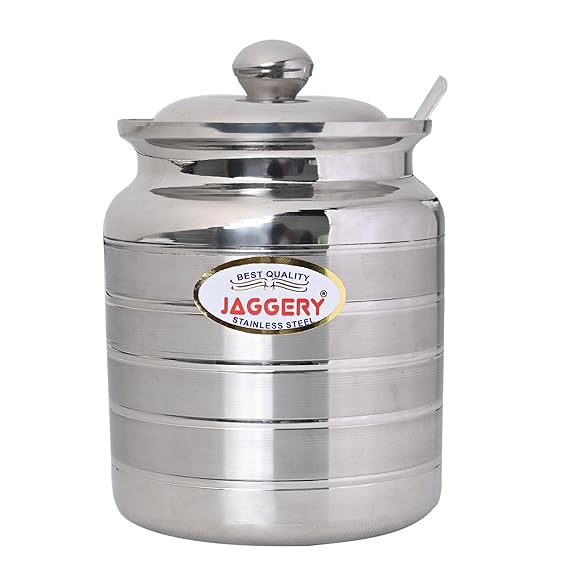 JAGGERY Stainless Steel Ghee Oil Pot Container Kitchen Storage, Dispenser Oil Container With Lid And Spoon (pack of 1pcs) Capacity-600ml, (Dia-9cm, H-10.5cm)