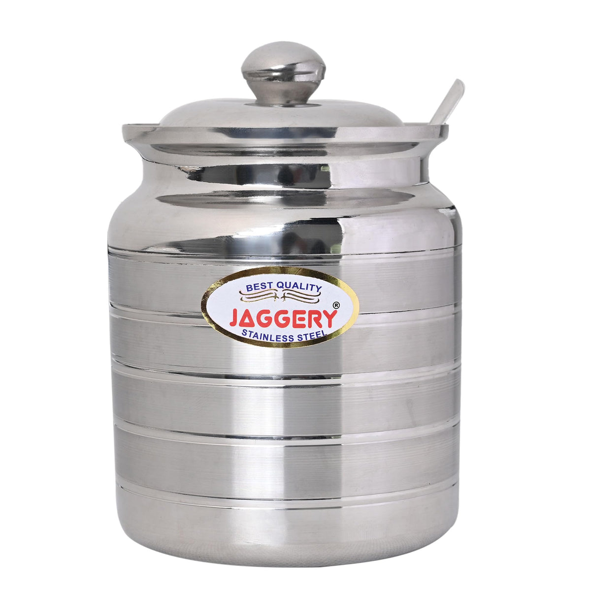 JAGGERY Stainless Steel Ghee Pot  Oil Container With Lid And Spoon (pack of 1pcs) Capacity-600ml, (Dia-9cm, H-10.5cm)