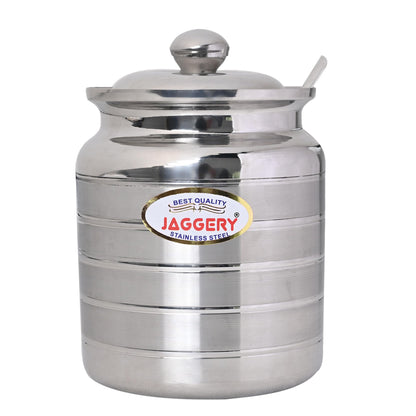 JAGGERY Stainless Steel Ghee Pot  Oil Container With Lid And Spoon (pack of 1pcs) Capacity-600ml, (Dia-9cm, H-10.5cm)
