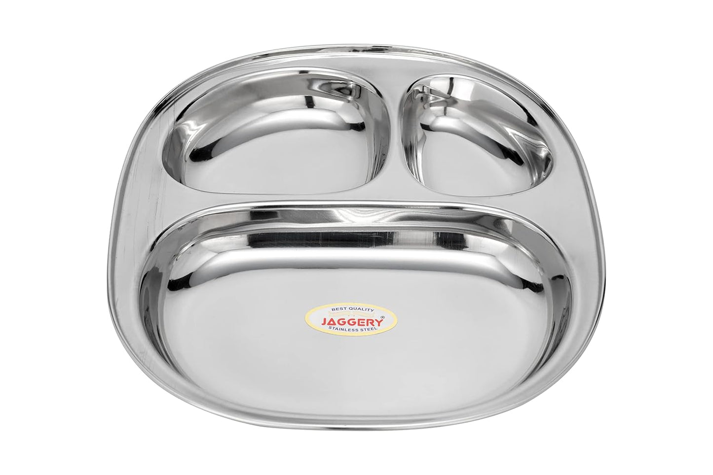 JAGGERY Stainless Steel 3 in 1 Compartment Tray (L- 22cm, W-18cm, H- 3cm, Pack of 2) Bhojan Thali, Lunch,Dinner Plate