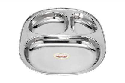 JAGGERY Stainless Steel 3 in 1 Compartment Tray (L- 24cm, W-20cm, H- 3cm, Pack of 2) Bhojan Thali, Lunch,Dinner Plate