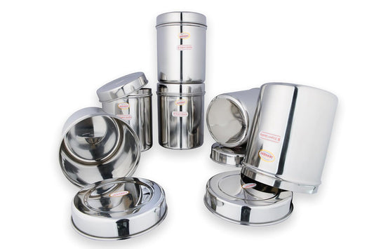 JAGGERY Stainless Steel Tall Container, Ubha Dabba (Set Of 6) (Dia_10 CM, Height_ 13.5 CM, Capacity_800 ML),Silver