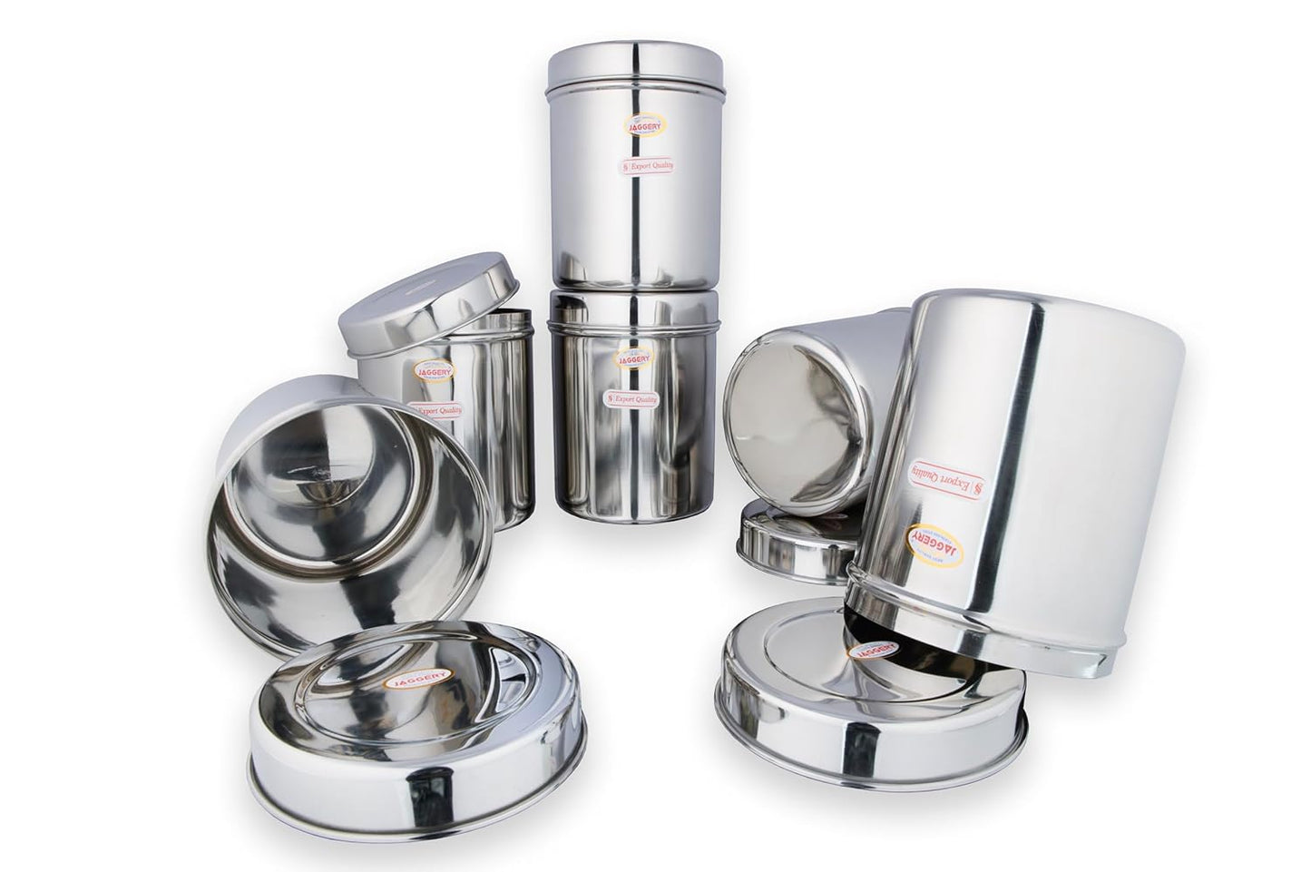 JAGGERY® Stainless Steel Tall Container, Ubha Dabba (Set of 6) (Dia_ 12 cm, Height 15 cm, Capacity_1.5 Litre)