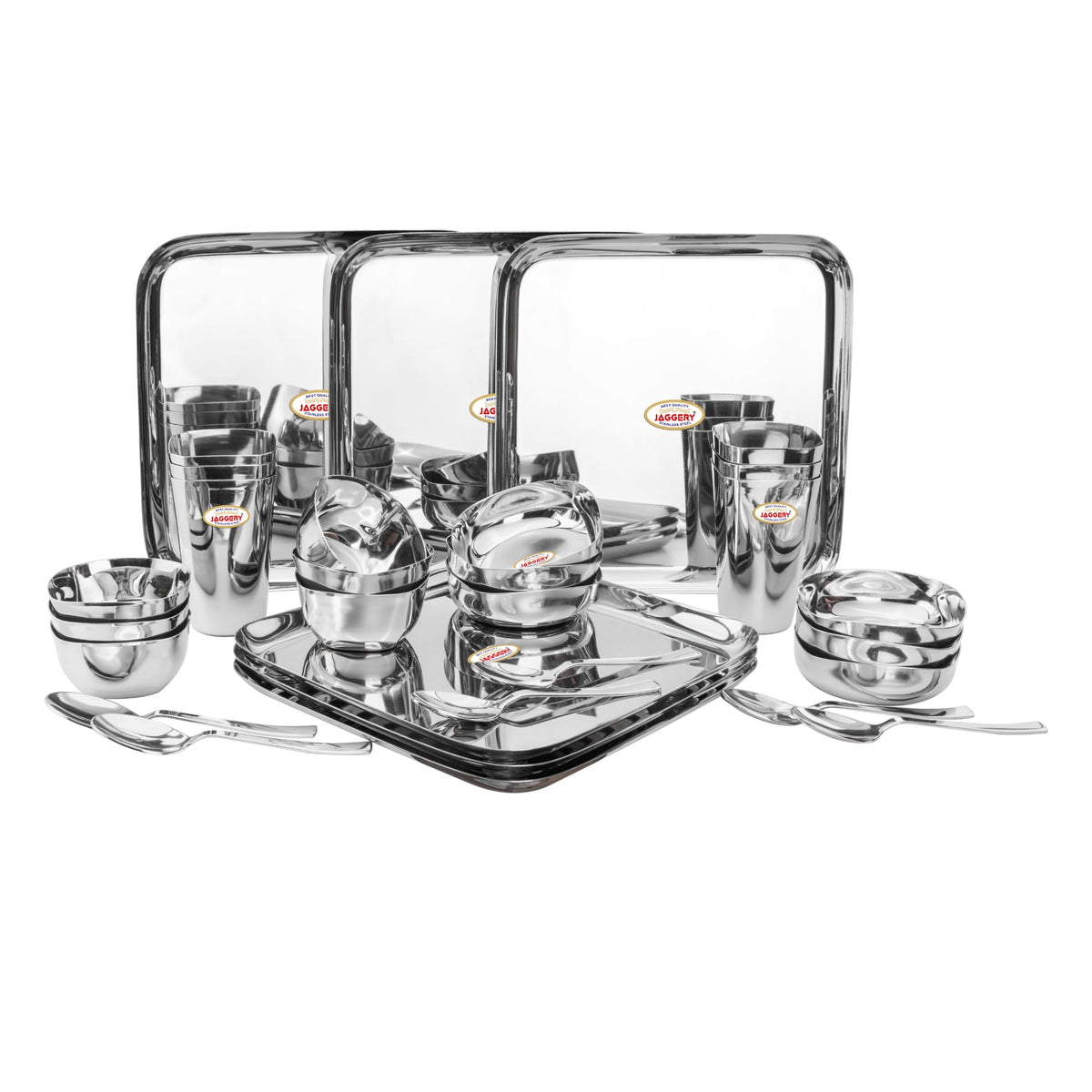 JAGGERY Stainless Steel Heavy Gauge Mirror Finished Square Dinner Set -30 pcs Set