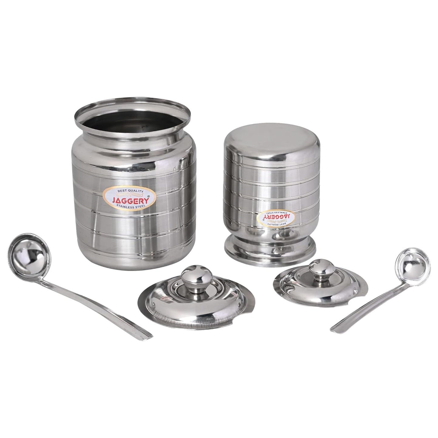 JAGGERY Stainless Steel Ghee Pot, Oil Container with spoon, Silver Touch Finish (pack of 2pcs) Capacity-600ml, (Dia-9cm, H-10.5cm)