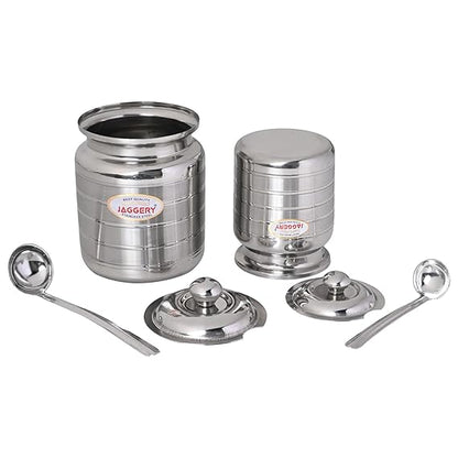 JAGGERY Stainless Steel Ghee Pot, Oil Container with spoon, Silver Touch Finish (pack of 2pcs) Capacity-600ml, (Dia-9cm, H-10.5cm)
