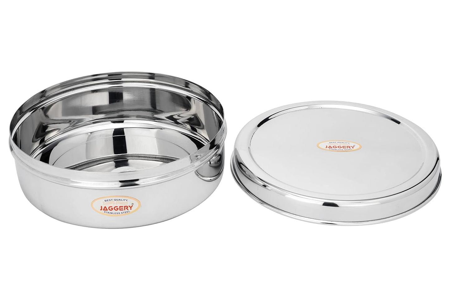 JAGGERY Stainless Steel Container Useful as Tiffin or Lunch Pack/Fridge Storage Box/Steel Puri Dabba-Set of 1pcs, (Dia-17cm,H-6cm) Capacity- 950ml