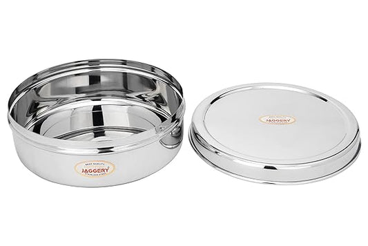 JAGGERY Stainless Steel Container Useful as Tiffin or Lunch Pack/Fridge Storage Box/Steel Puri Dabba-Set of 1pcs, (Dia-17cm,H-6cm) Capacity- 950ml