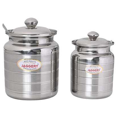 JAGGERY Stainless Steel Ghee Pot, Oil Container with spoon, Silver Touch Finish (pack of 2pcs) Capacity-600ml, (Dia-9cm, H-10.5cm)
