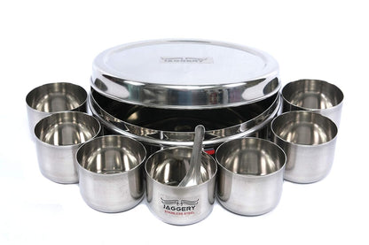 JAGGERY Stainless Steel Masala (Spice) Box/Dabba/Organizer with 7 Containers and Small Spoon (Dia- 7.1 Inch_18 Cm, Height - 2.8 Inch_7 Cm, Silver)