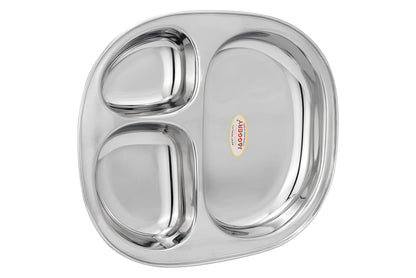 JAGGERY Stainless Steel 3 in 1 Compartment Tray (L- 26.5cm, W-23cm, H- 3.5cm, Pack of 2) Bhojan Thali, Lunch, Dinner Plate