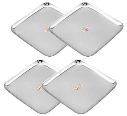 JAGGERY Stainless Steel Square Full Dinner Plate Pack of 4 (L&W - 26cm, Weight Approx - 442 gram per Plate) Lunch, Salad Tray, Serving Tray or Snacks Plate
