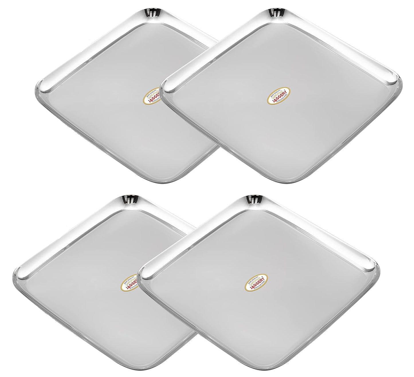 JAGGERY Stainless Steel Square Small Plate Pack of 4 (L&W - 20.5 cm, Weight Approx - 288 gram per Plate) Mirror Finish for Lunch, Salad Tray, Serving Tray Snacks Plate