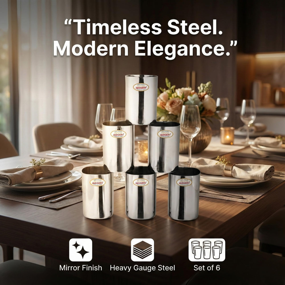 JAGGERY Stainless Steel Mirror Finish Square Shape Sturdy and Durable Glass Set of 6 Pcs - (300ml Each)