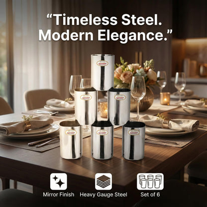 JAGGERY Stainless Steel Mirror Finish Square Shape Sturdy and Durable Glass Set of 6 Pcs - (300ml Each)