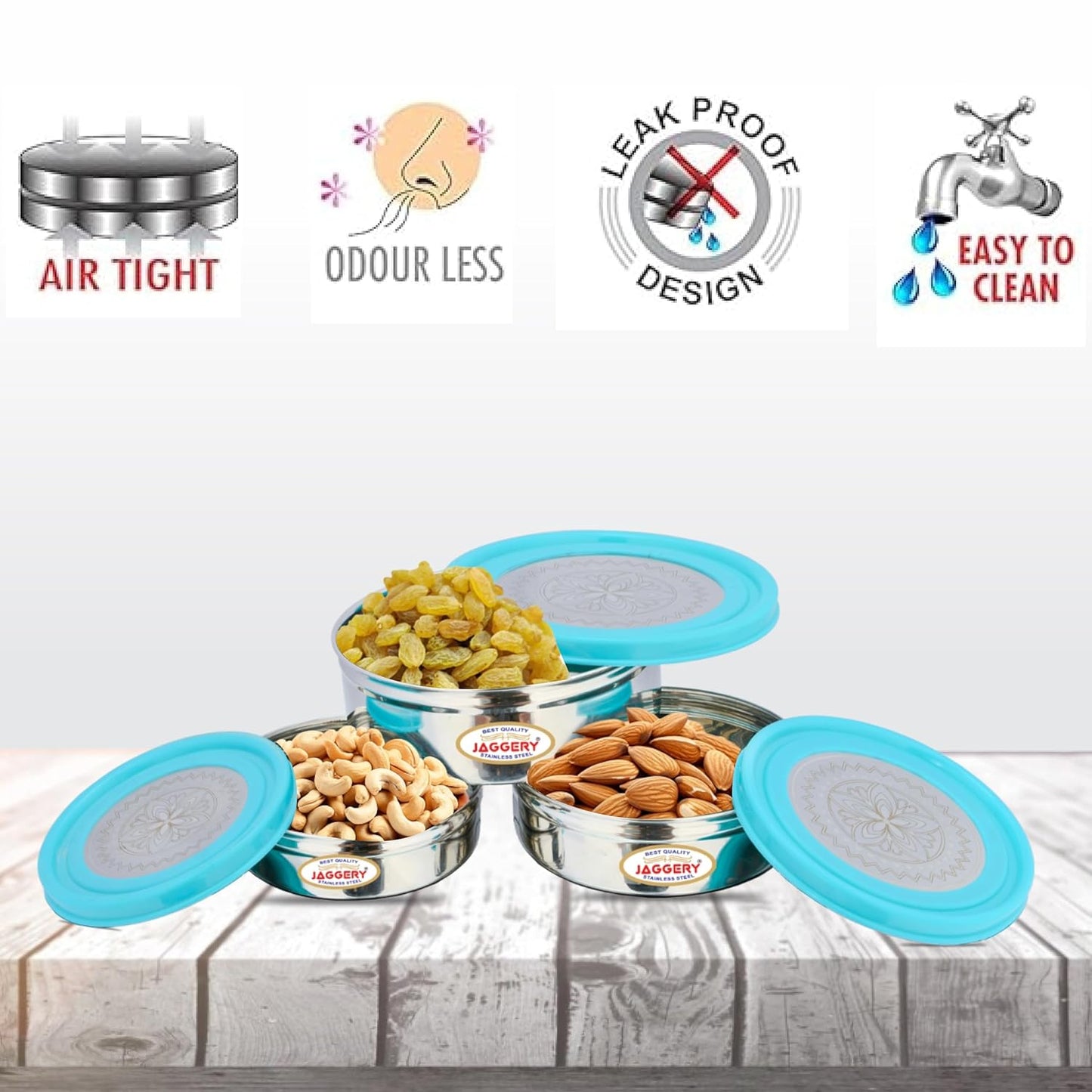 JAGGERY Stainless Steel Slim Airtight Containers With Leak Proof Lids, Set Of 3 Pcs, Capacity-210ml, 350ml, 500ml, Food Grade Silicon Seal, Ideal For carrying Food In Your Backpack