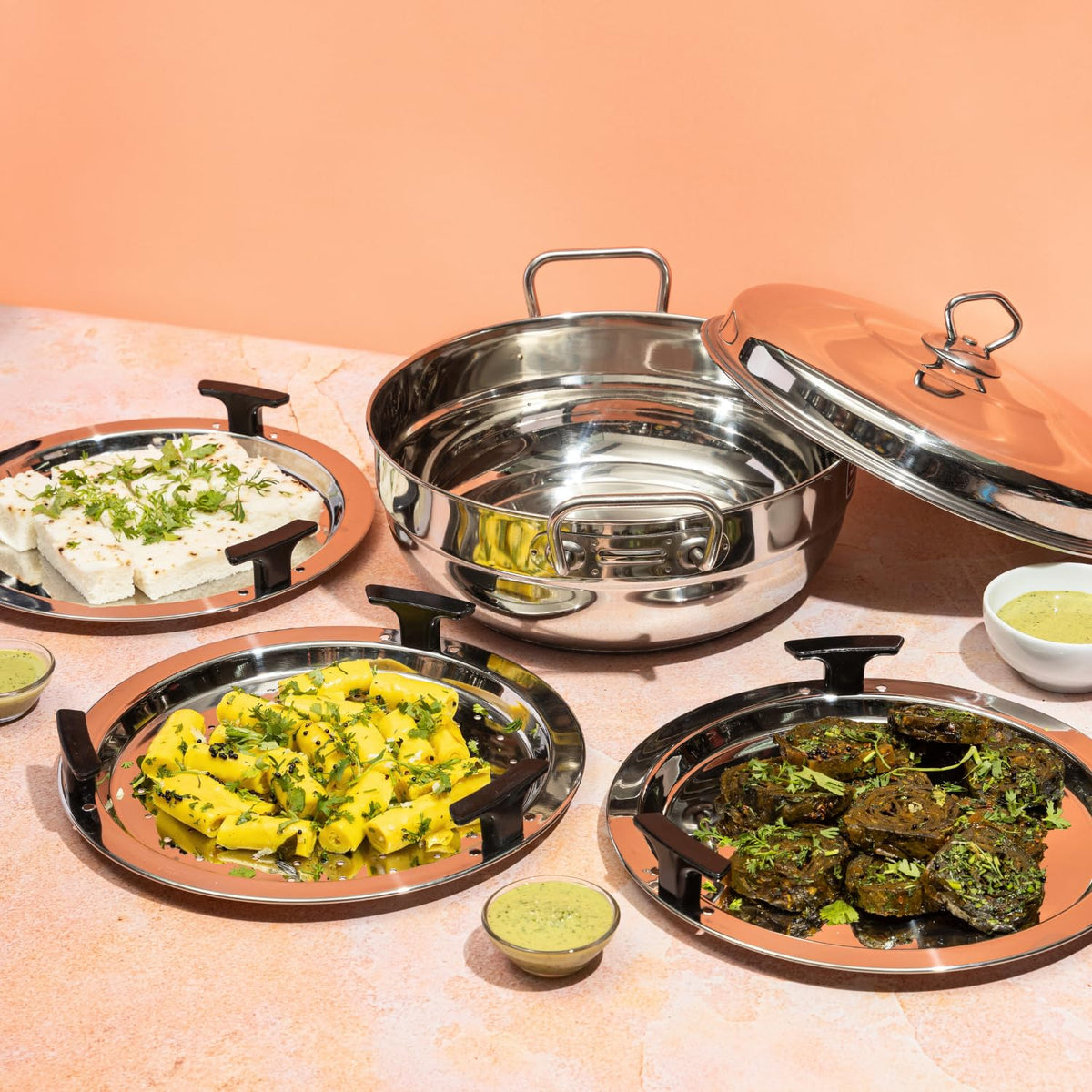 Vinod Stainless Steel Multi Kadai, 26 cm – 5 Plates (2 Idli, 2 Dhokla, 1 Patra) | Heavy Gauge All-in-One Idli Cooker & Steamer |