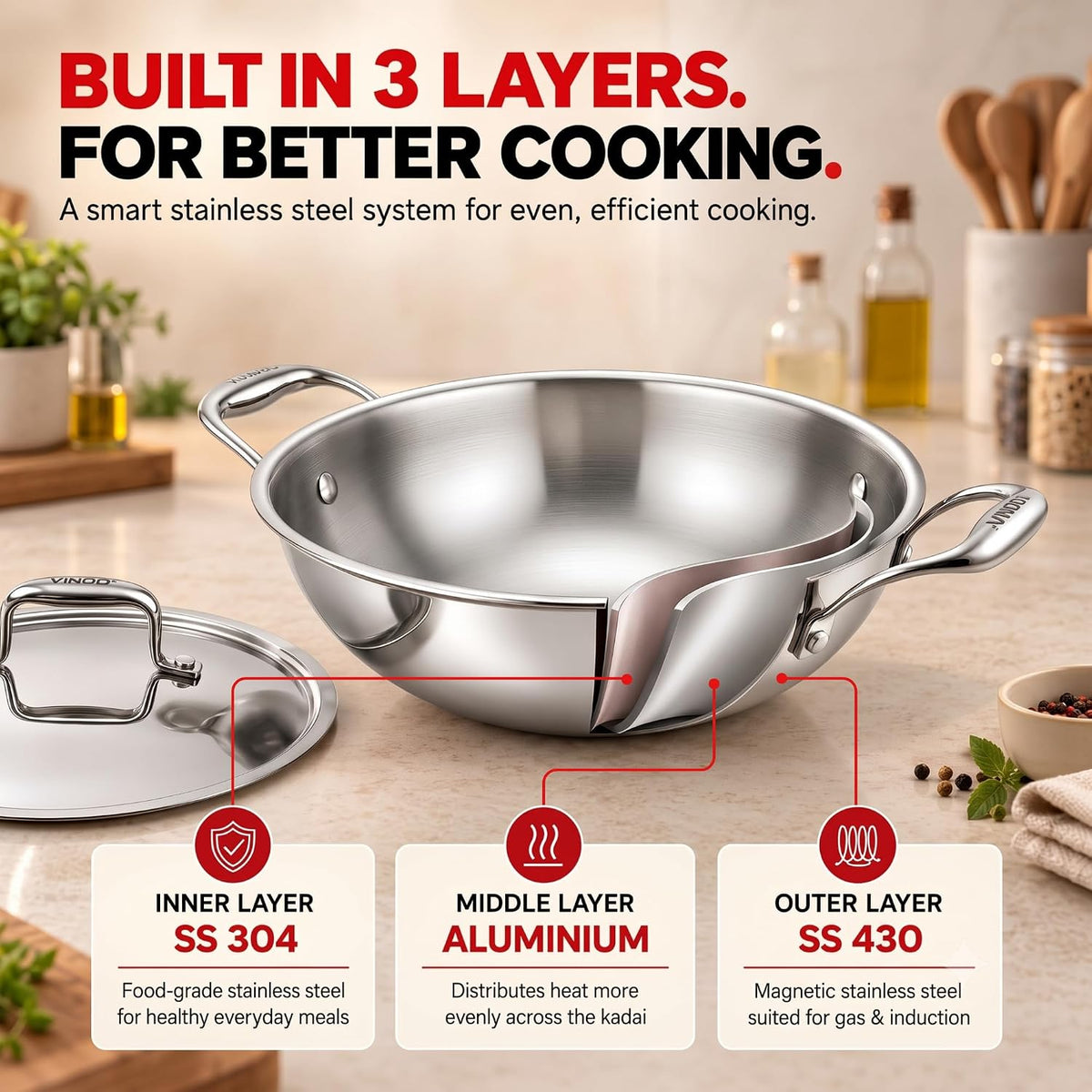Vinod Platinum Triply Stainless Steel Extra Deep Kadai | Induction and Gas Stove Friendly