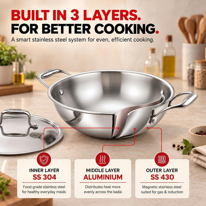 Vinod Platinum Triply Stainless Steel Extra Deep Kadai | Induction and Gas Stove Friendly