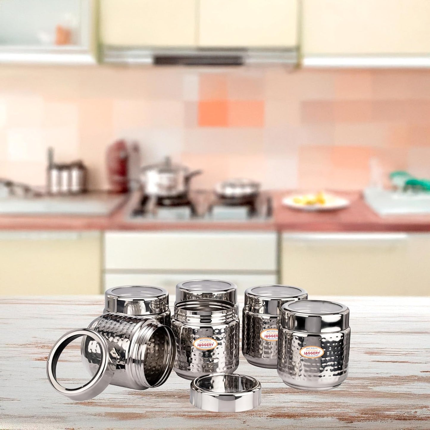 JAGGERY Stainless Steel Kitchen Storage Containers with Hammered Design, Airtight Lids (200ml,Set of 6)