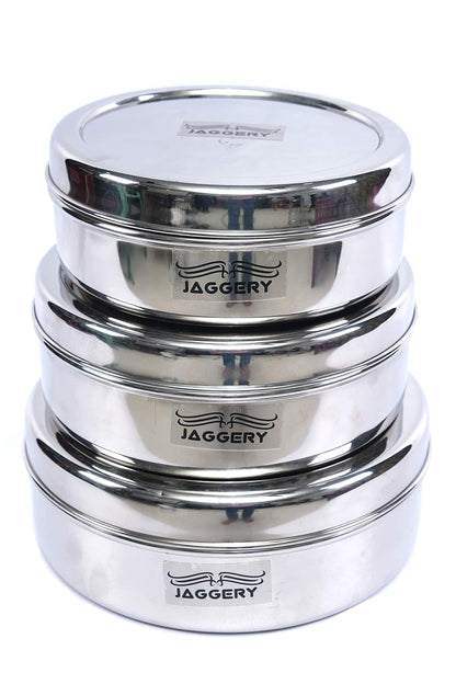 JAGGERY® Stainless Steel Container 3 Pcs Set, Puri Dabba Round Shape -Capacity-800ml,1000ml,1300ml, (Dia-17cm,18.5cm,20cm) Useful to Keep Roti,Chapati and parantha