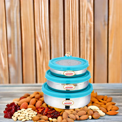 JAGGERY Stainless Steel Slim Airtight Containers With Leak Proof Lids, Set Of 3 Pcs, Capacity-210ml, 350ml, 500ml, Food Grade Silicon Seal, Ideal For carrying Food In Your Backpack