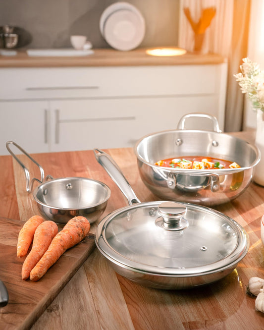 JAGGERY Triply Cookware Combo Set | 2.5 L Deep Kadai, 22 cm Frypan with Common Glass Lid & Medium Tadka Pan | Induction Friendly Triply Stainless Steel Cookware
