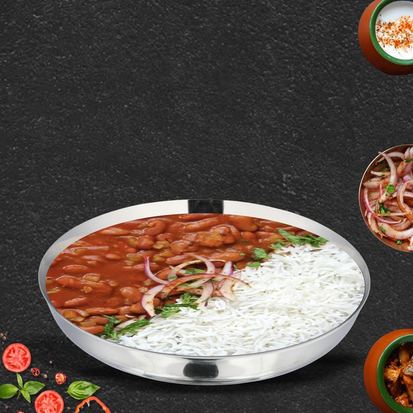 JAGGERY Stainless Steel Rice Platter to Serve Rajma Chawal, Chhole Chawal Or Curry Rice Bowl, Diameter - 18cm (7.09 Inch) Pack of 2 Pcs Thali/Plate