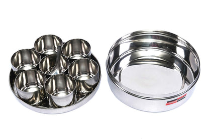 JAGGERY Stainless Steel Masala (Spice) Box/Dabba/Organizer with 7 Containers and Small Spoon (Dia- 7.1 Inch_18 Cm, Height - 2.8 Inch_7 Cm, Silver)