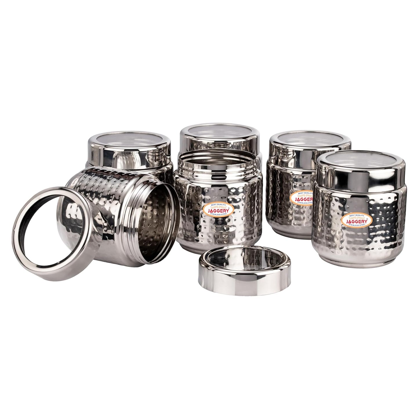 JAGGERY Stainless Steel Kitchen Storage Containers with Hammered Design, Airtight Lids (300ml,Set of 6)