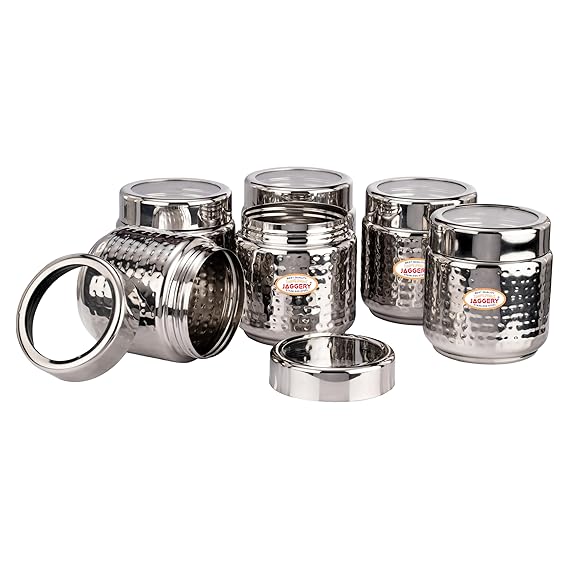 JAGGERY Stainless Steel Kitchen Storage Containers with Hammered Design, Airtight Lids (400ml,Set of 6)