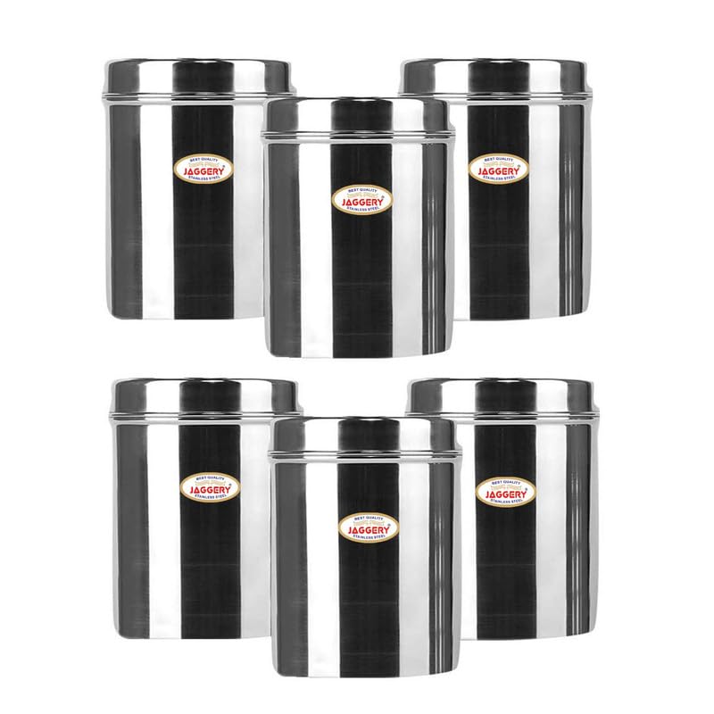 JAGGERY® Stainless Steel Tall Container, Ubha Dabba (Set of 6) (Dia_12 cm, Height 14.5 cm, Capacity_1 Litre)