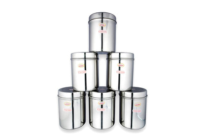 JAGGERY® Stainless Steel Tall Container, Ubha Dabba (Set of 6) (Dia_12 cm, Height 14.5 cm, Capacity_1 Litre)