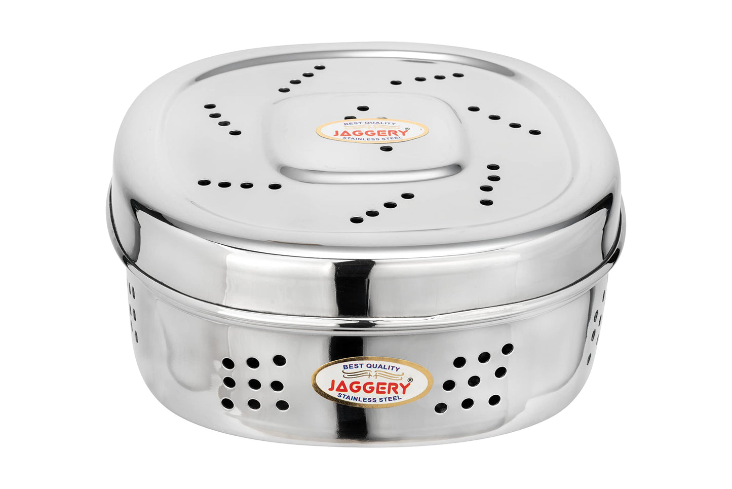 JAGGERY Stainless Steel Hole Puri Dabba/Sprout Canister with Air Ventilation Coriander Box/Dhaniya Dibba/Steel Storage Dabba, Pack of 2(Dia-10.5cm,H-5.5cm)&(Dia-12.5cm,H-6)