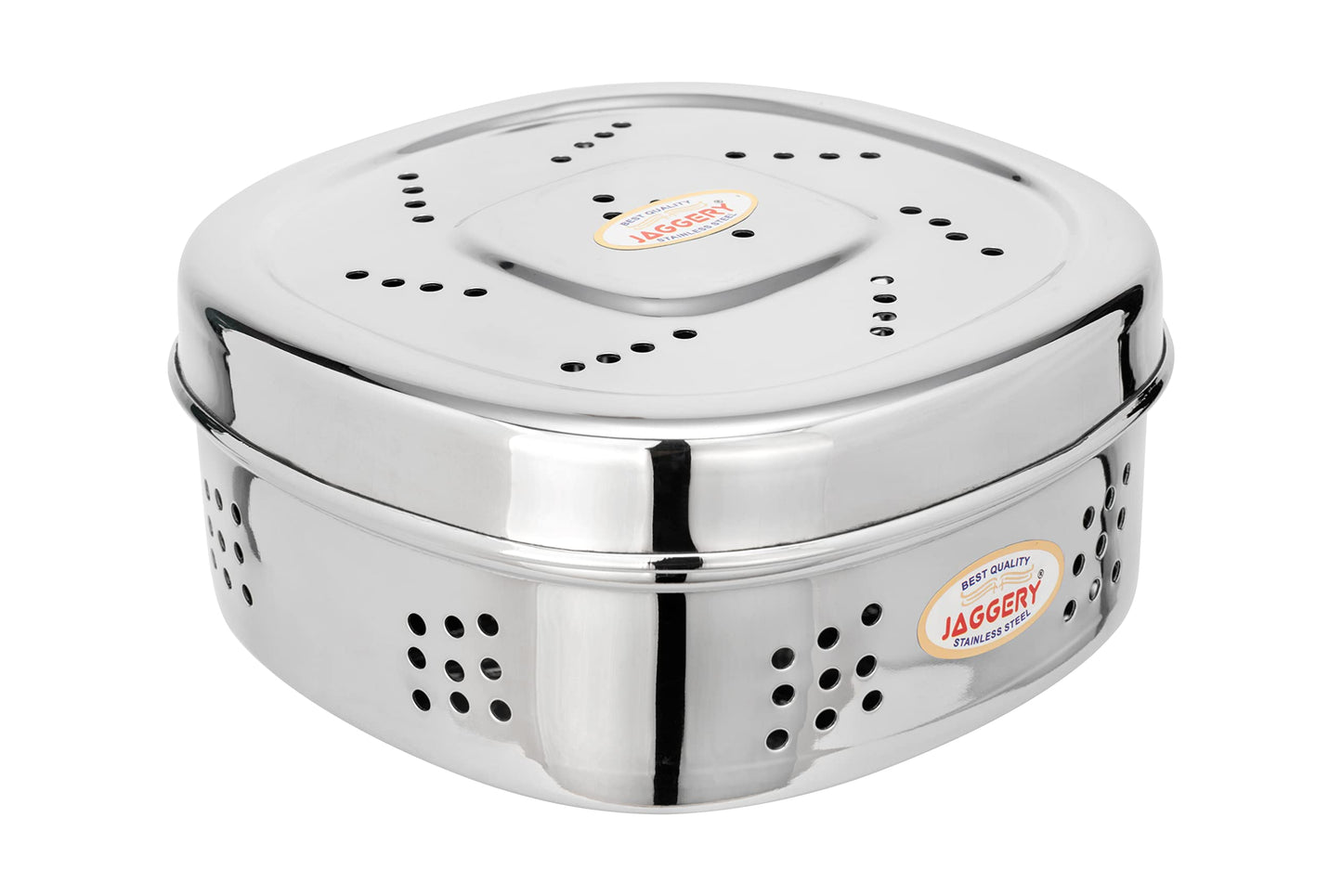 JAGGERY Stainless Steel Hole Puri Dabba/Sprout Canister with Air Ventilation Coriander Box/Dhaniya Dibba/Steel Storage Dabba, Pack of 2(Dia-10.5cm,H-5.5cm)&(Dia-12.5cm,H-6)