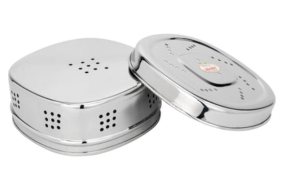 JAGGERY Stainless Steel Hole Puri Dabba/Sprout Canister with Air Ventilation Coriander Box/Dhaniya Dibba/Steel Storage Dabba, Pack of 2(Dia-10.5cm,H-5.5cm)&(Dia-12.5cm,H-6)