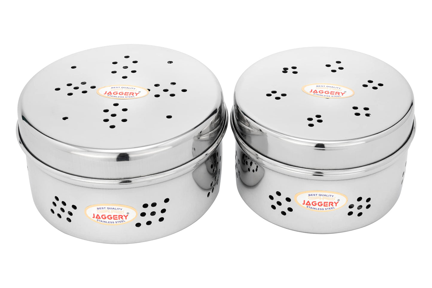 JAGGERY Stainless Steel Hole Puri Dabba/Sprout Canister with Air Ventilation Coriander Box/Dhaniya Dibba/Steel Storage Dabba, Pack of 2(Dia-10.5cm,H-5.5cm)&(Dia-12.5cm,H-6)