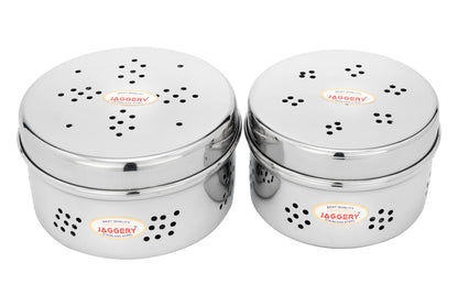 JAGGERY Stainless Steel Hole Puri Dabba/Sprout Canister with Air Ventilation Coriander Box/Dhaniya Dibba/Steel Storage Dabba, Pack of 2(Dia-10.5cm,H-5.5cm)&(Dia-12.5cm,H-6)