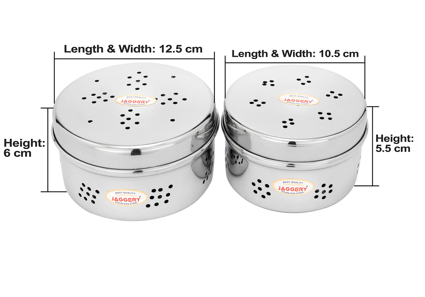 JAGGERY Stainless Steel Hole Puri Dabba/Sprout Canister with Air Ventilation Coriander Box/Dhaniya Dibba/Steel Storage Dabba, Pack of 2(Dia-10.5cm,H-5.5cm)&(Dia-12.5cm,H-6)