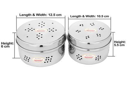 JAGGERY Stainless Steel Hole Puri Dabba/Sprout Canister with Air Ventilation Coriander Box/Dhaniya Dibba/Steel Storage Dabba, Pack of 2(Dia-10.5cm,H-5.5cm)&(Dia-12.5cm,H-6)