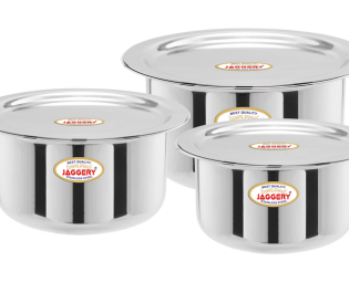 JAGGERY Brand- Stainless Steel Round Bottom Heavy Gauge Patila/Bhagona/Tapeli/Tope with Lid 300ml, 450ml, 650ml (Pack of 3)