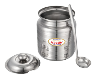 JAGGERY Stainless Steel Ghee Dani Oil Pot Container Kitchen Storage, Dispenser Oil Container With Lid And Spoon (pack of 1pcs) Capacity-600ml, (Dia-9cm, H-10.5cm)