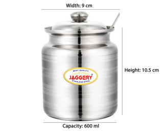 JAGGERY Stainless Steel Ghee Dani Oil Pot Container Kitchen Storage, Dispenser Oil Container With Lid And Spoon (pack of 1pcs) Capacity-600ml, (Dia-9cm, H-10.5cm)