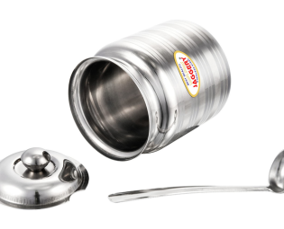 JAGGERY Stainless Steel Ghee Dani Oil Pot Container Kitchen Storage, Dispenser Oil Container With Lid And Spoon (pack of 1pcs) Capacity-600ml, (Dia-9cm, H-10.5cm)