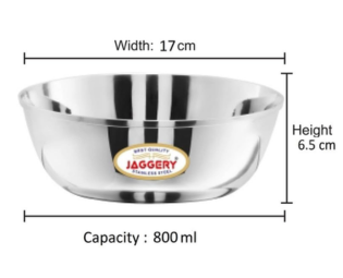JAGGERY Stainless Steel 700ml Katora Set, Big Bowl Rust Proof, Useful as Mixing Bowl or Serving Donga (17 cm Diameter, Pack of 6)